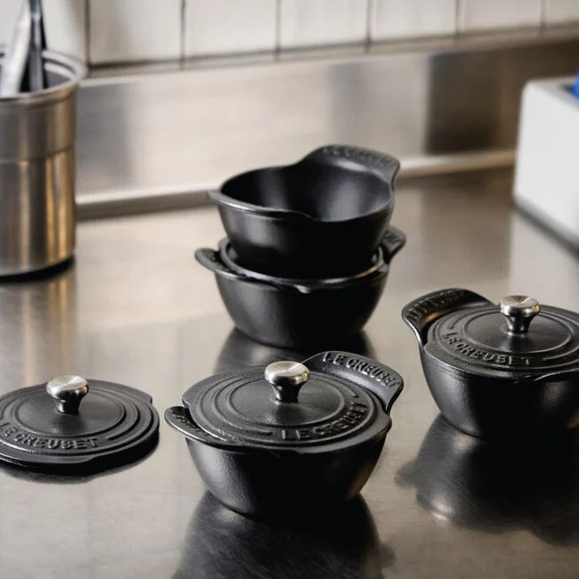Le Creuset Gourmand Collection 4-Piece Mini Round Cocotte with Lid Set, 0.3-Quart, Matte Black