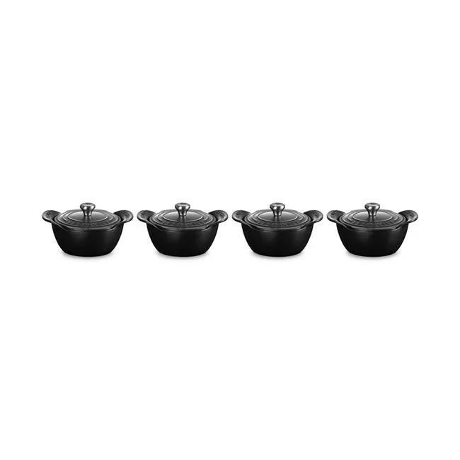 Le Creuset Gourmand Collection 4-Piece Mini Round Cocotte with Lid Set, 0.3-Quart, Matte Black