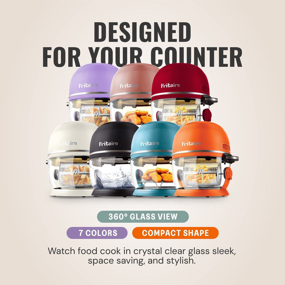 Fritaire Self-Cleaning Glass Bowl Air Fryer, 5-Qt, Lavender