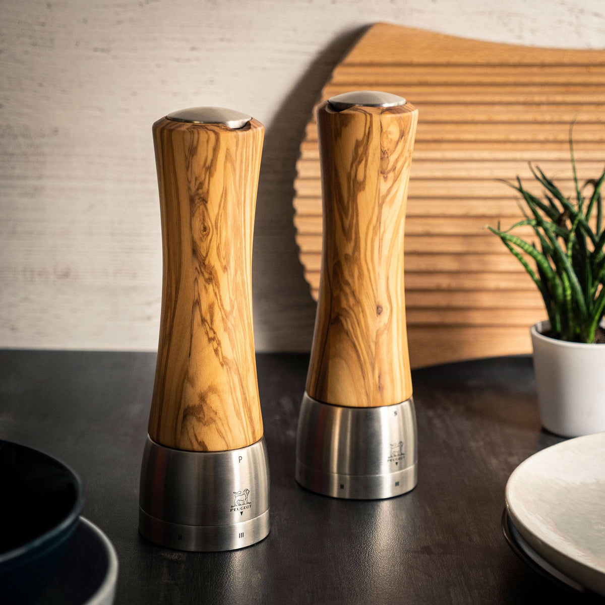 Peugeot Madras Olive Wood & Stainless Pepper & Salt Mill Set, 8-in