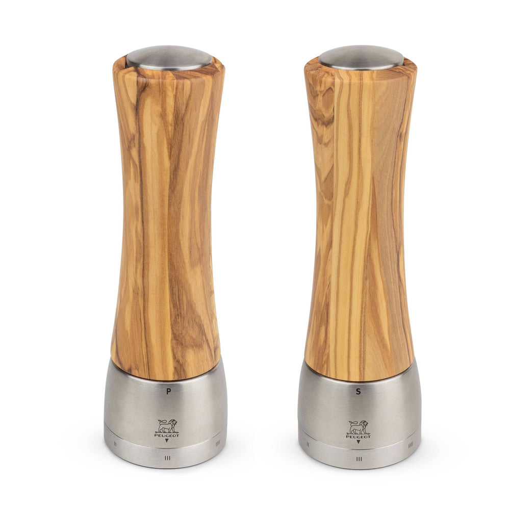 Peugeot Madras Olive Wood & Stainless Pepper & Salt Mill Set, 8-in