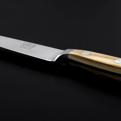 Gude Alpha Olive Series Forged Double Bolster Serrated Steak Knife With Olivewood Handle, 4.5-in