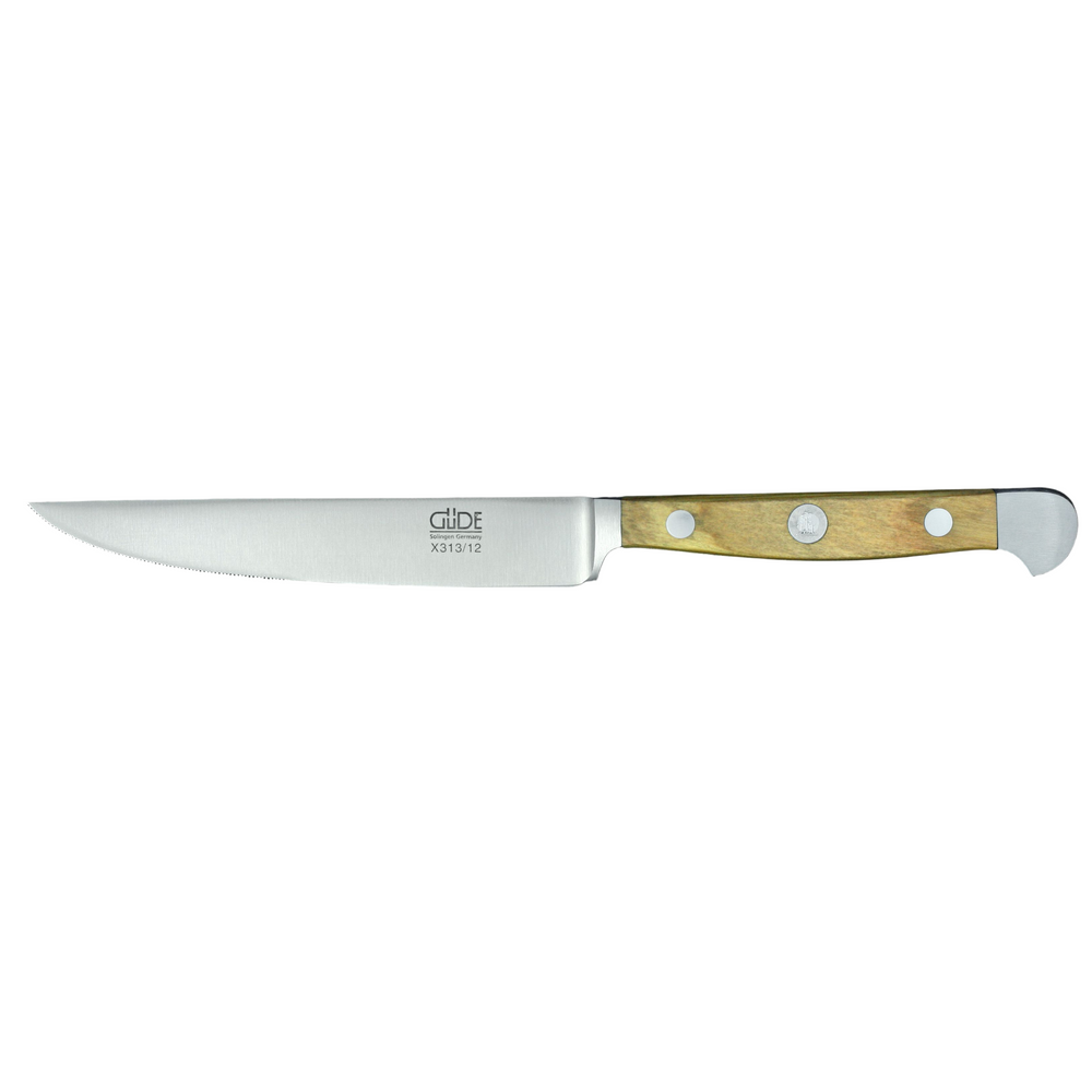 Gude Alpha Olive Series Forged Double Bolster Serrated Steak Knife With Olivewood Handle, 4.5-in