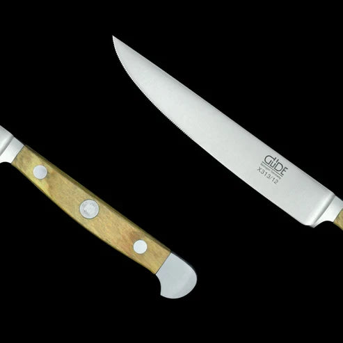 Gude Alpha Olive Series Forged Double Bolster Serrated Steak Knife With Olivewood Handle, 4.5-in