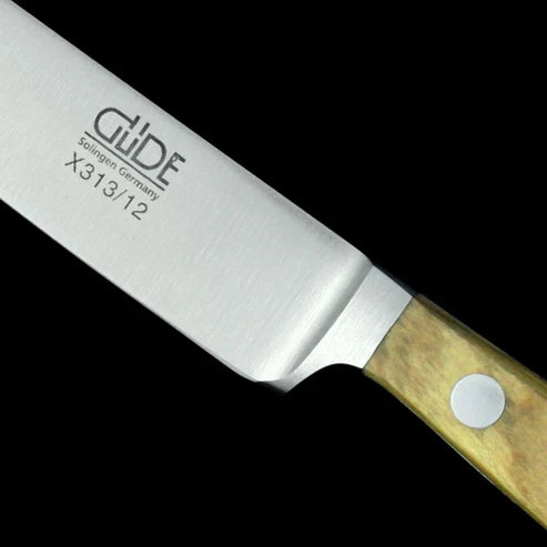 Gude Alpha Olive Series Forged Double Bolster Serrated Steak Knife With Olivewood Handle, 4.5-in